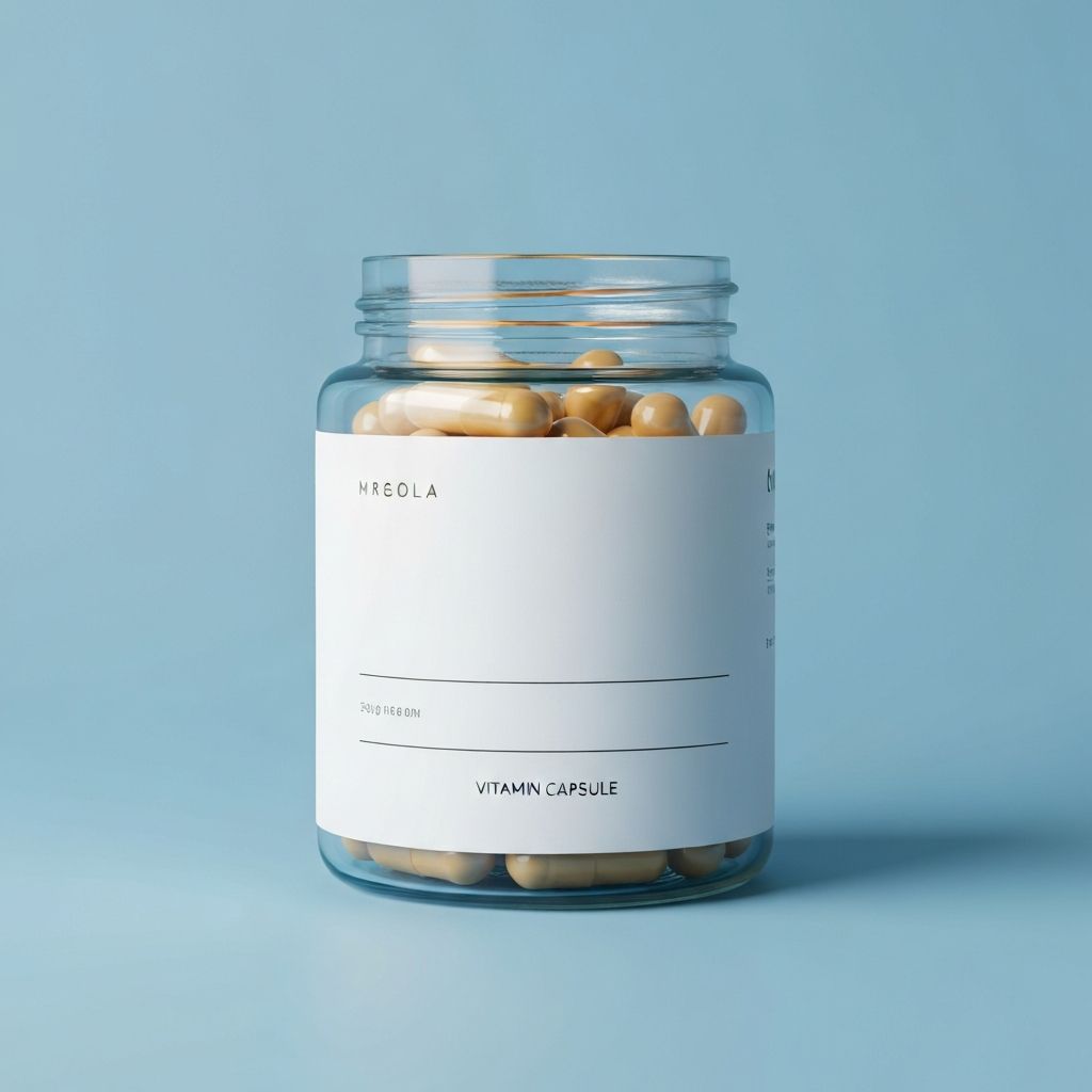 Vitamin capsules in glass jar with white label