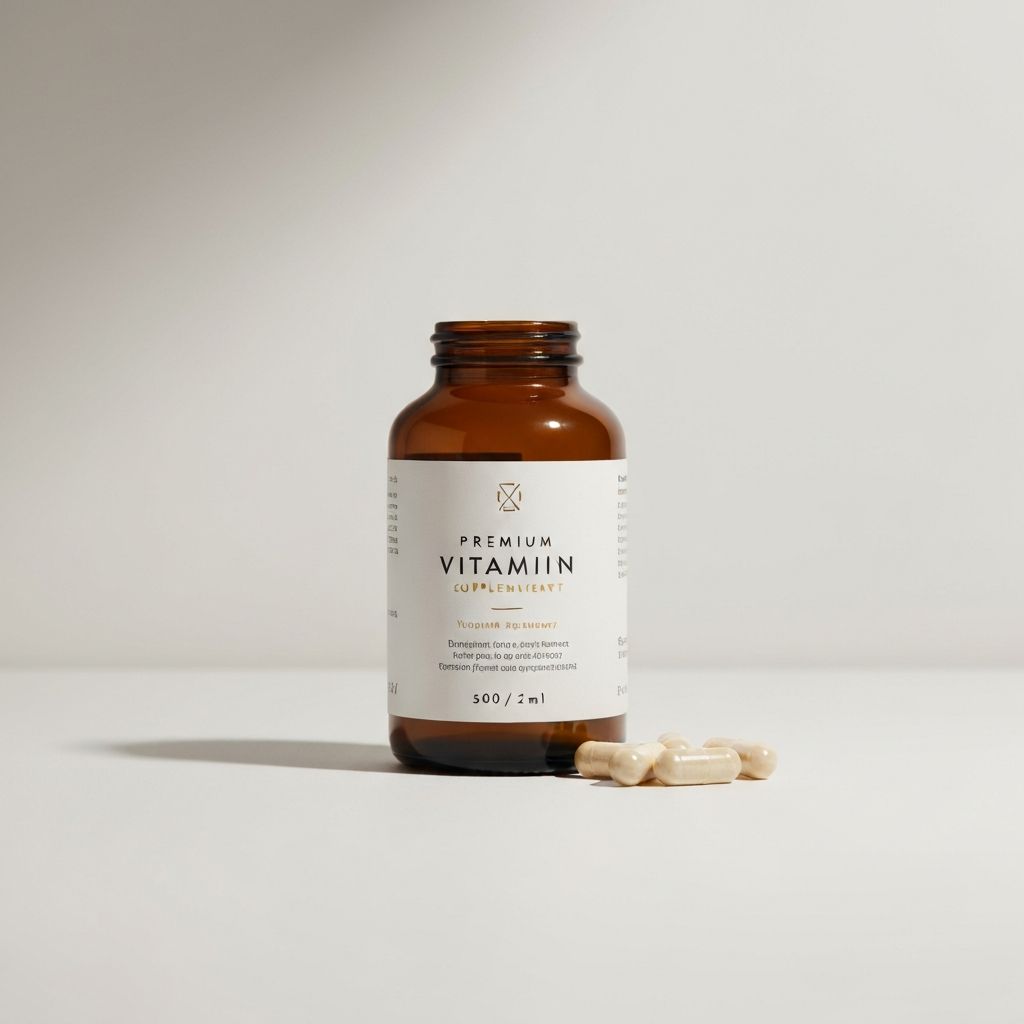 Premium vitamin supplement capsules in amber glass bottle