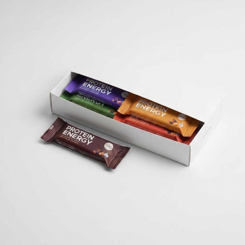 Protein energy bars wrapped in packaging box
